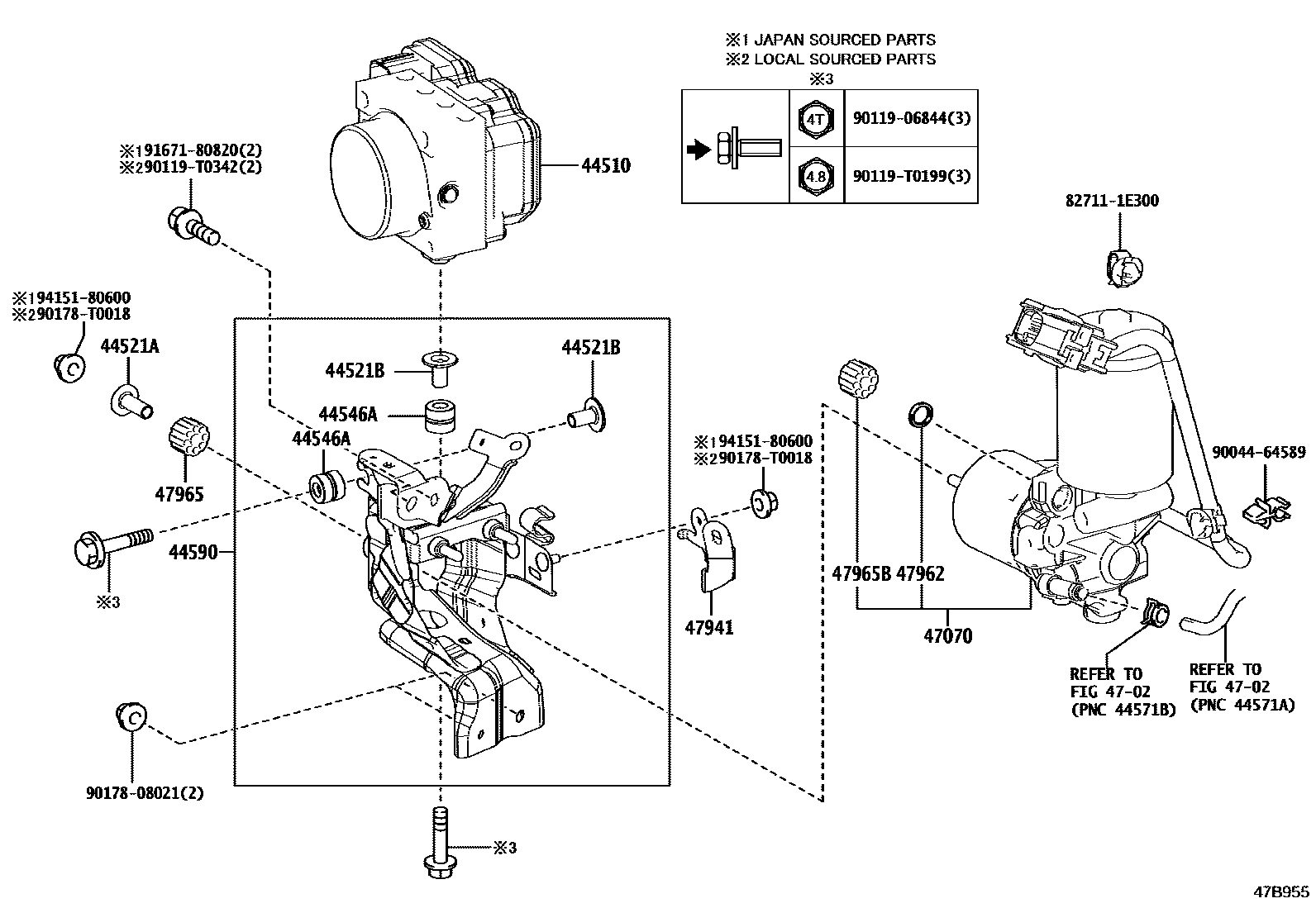Toyota COROLLA 制动配管和卡箍 EPC diagram — 47B955