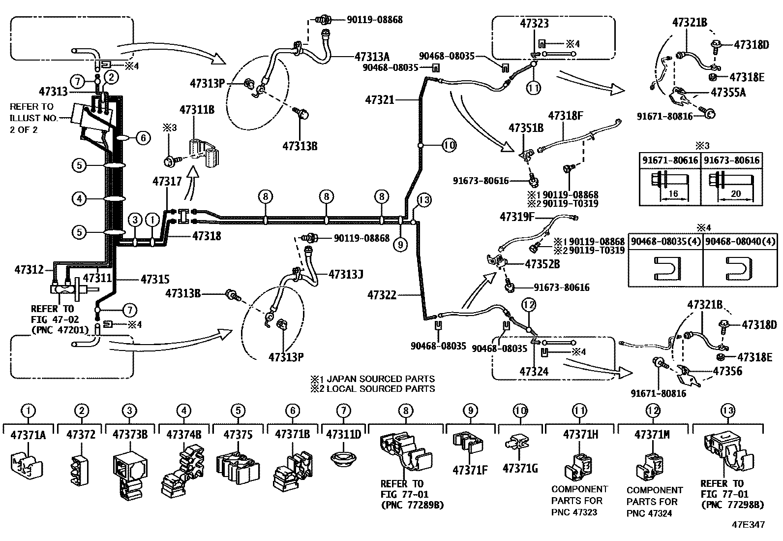 Toyota COROLLA 制动配管和卡箍 EPC diagram — 47E347