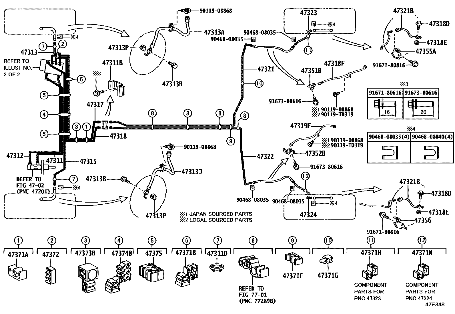 Toyota COROLLA 制动配管和卡箍 EPC diagram — 47E348