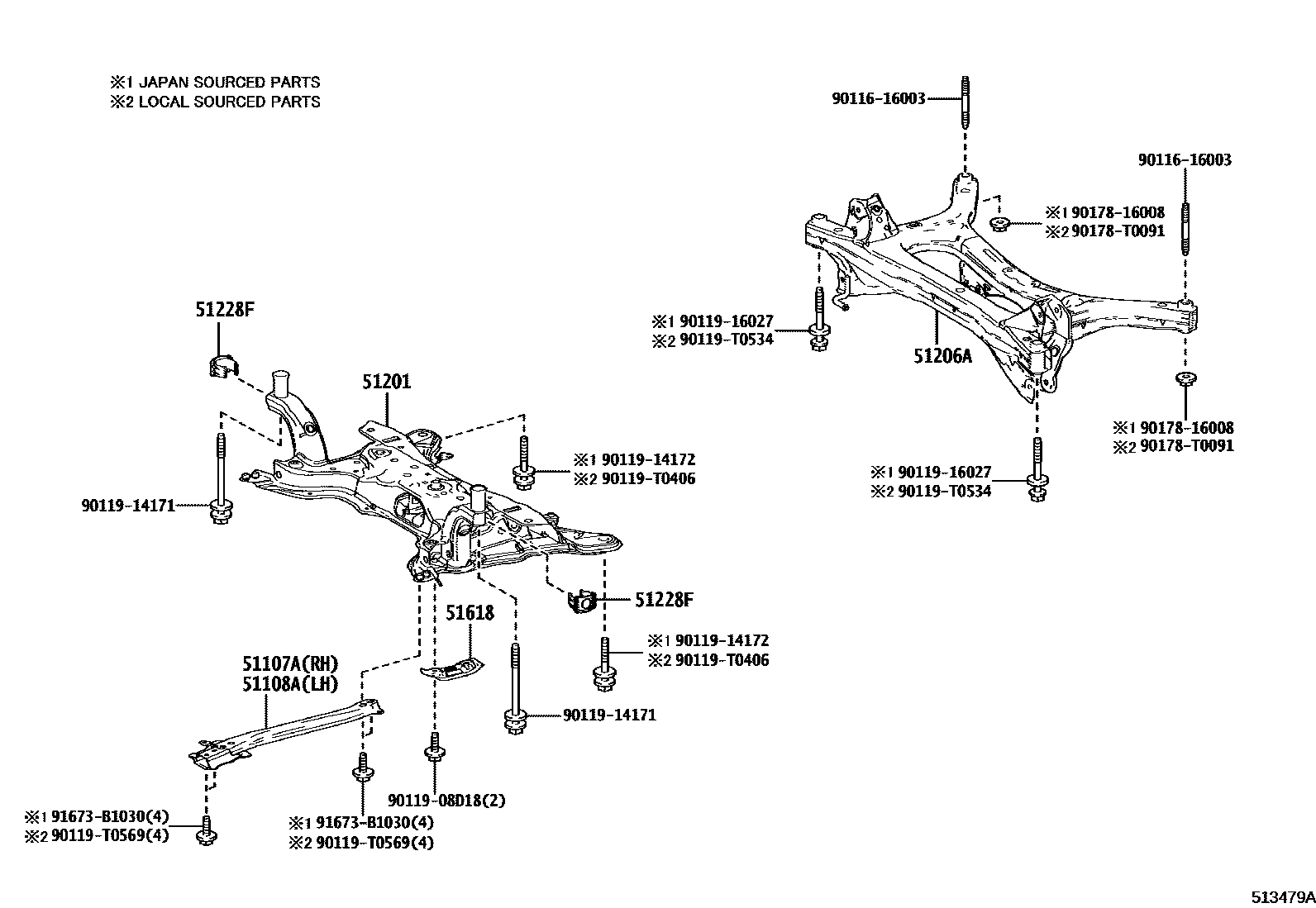 Toyota COROLLA 悬架横梁和发动机底罩 EPC diagram — 513479A
