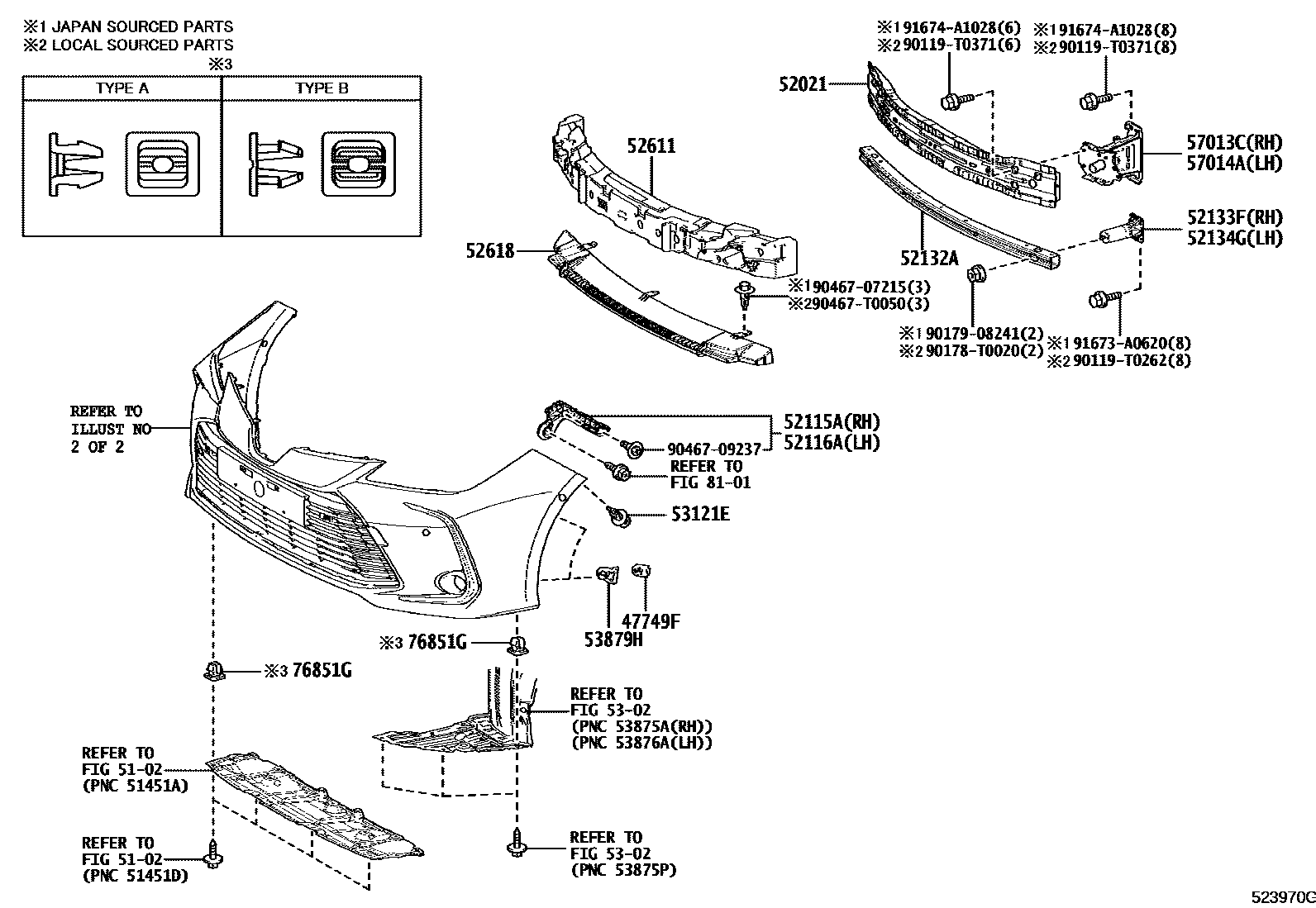 Toyota COROLLA 前保险杠及附件 EPC diagram — 523970H
