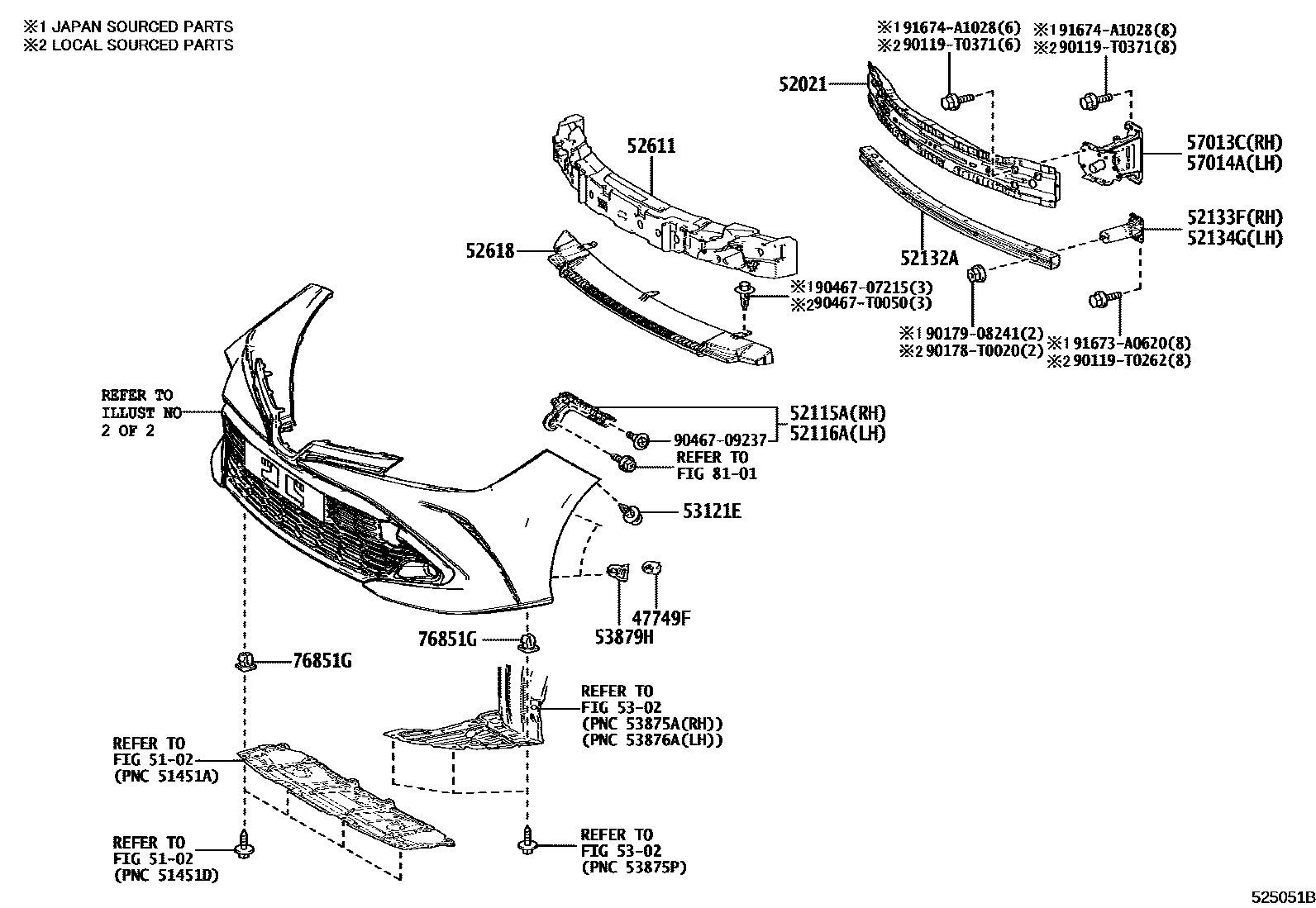 Toyota COROLLA 前保险杠及附件 EPC diagram — 525051C