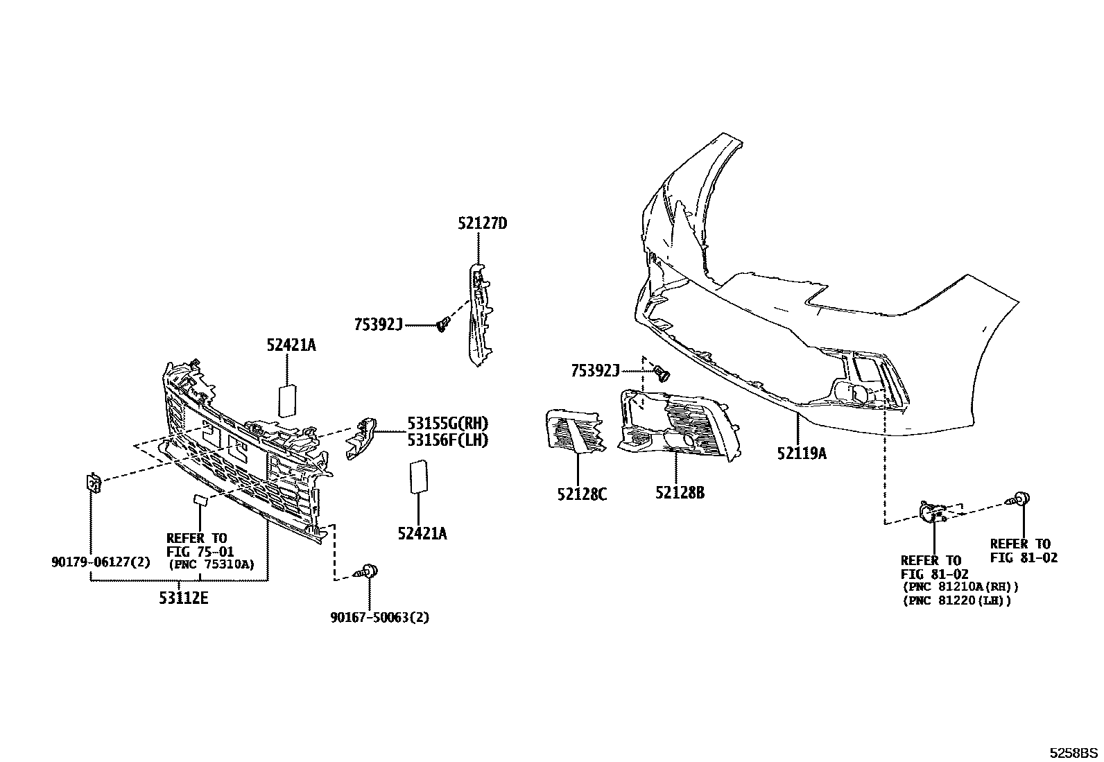 Toyota COROLLA 前保险杠及附件 EPC diagram — 5258BS