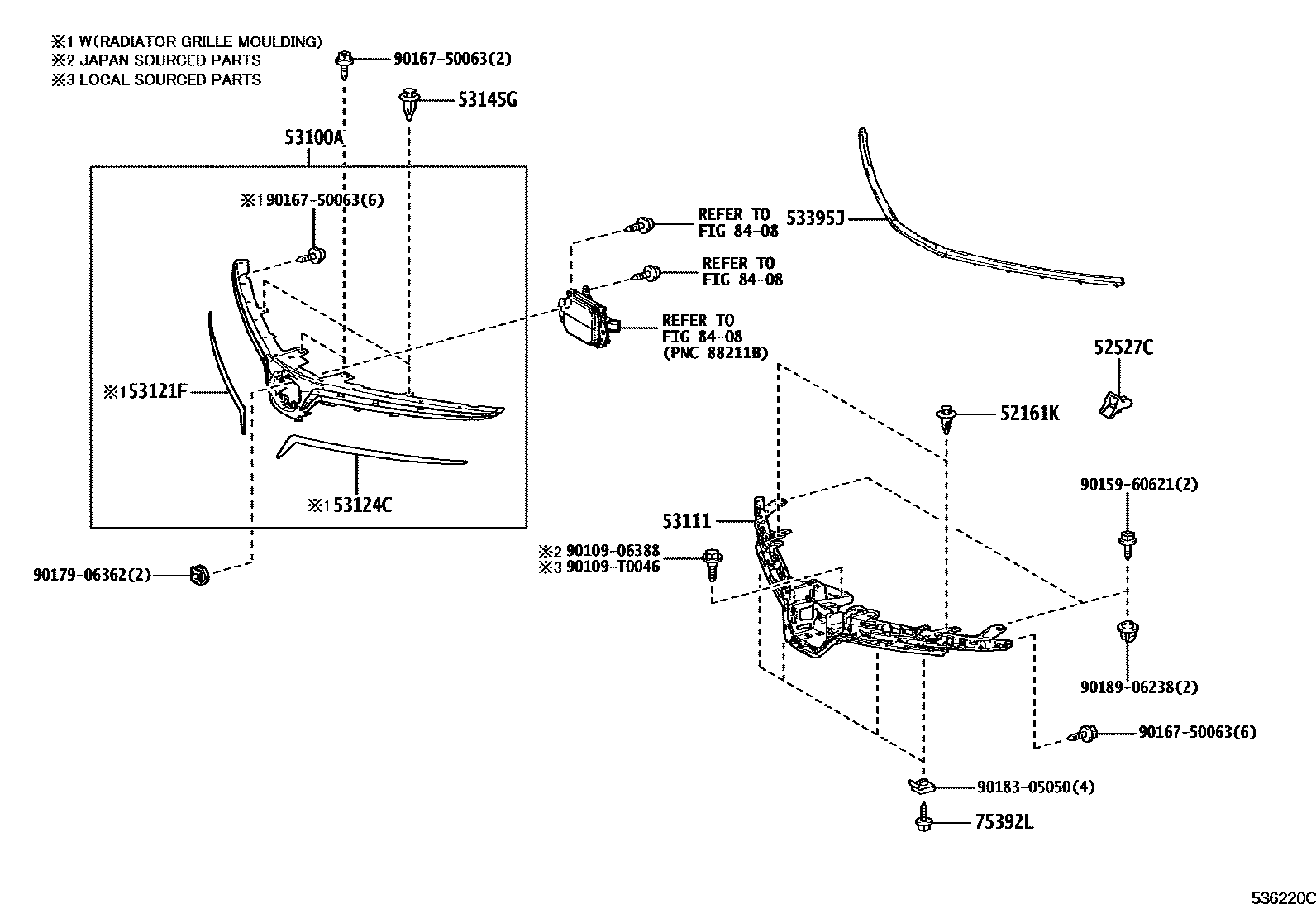 Toyota COROLLA radiator grille EPC diagram — 536220C