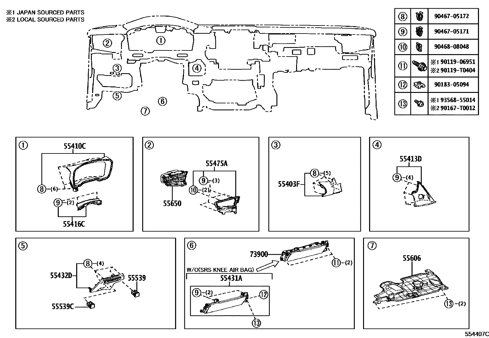Toyota COROLLA 仪表板和手套箱 EPC diagram — 554407C
