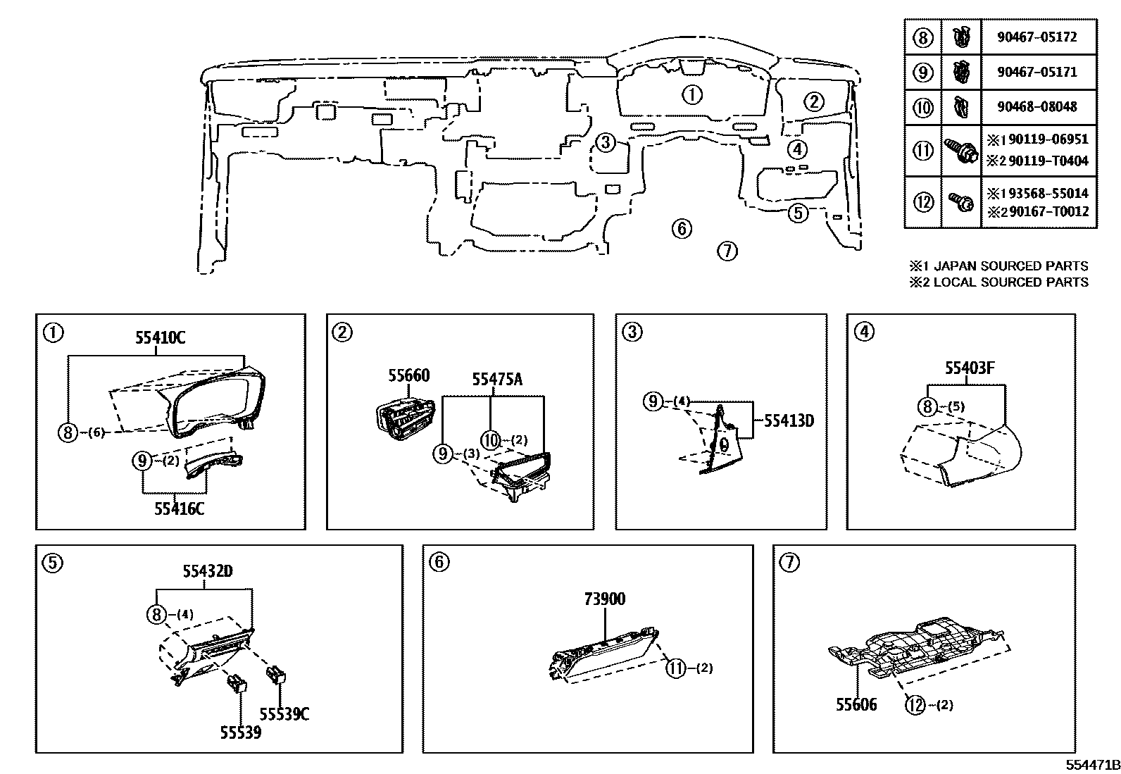 Toyota COROLLA 仪表板和手套箱 EPC diagram — 554471B