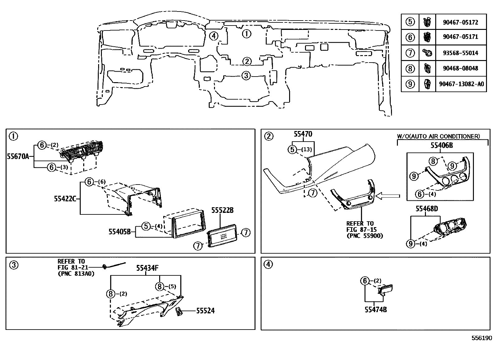 Toyota COROLLA 仪表板和手套箱 EPC diagram — 556190
