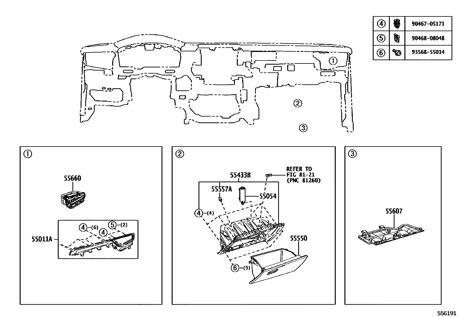 Toyota COROLLA 仪表板和手套箱 EPC diagram — 556191