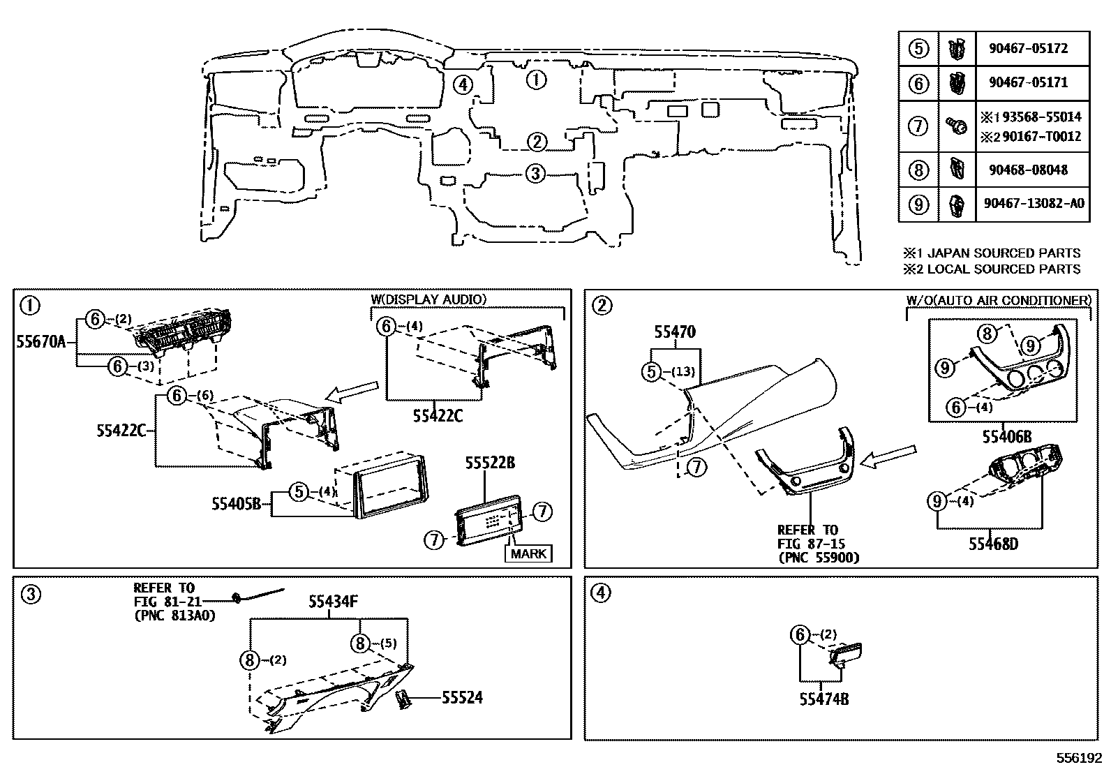 Toyota COROLLA 仪表板和手套箱 EPC diagram — 556192