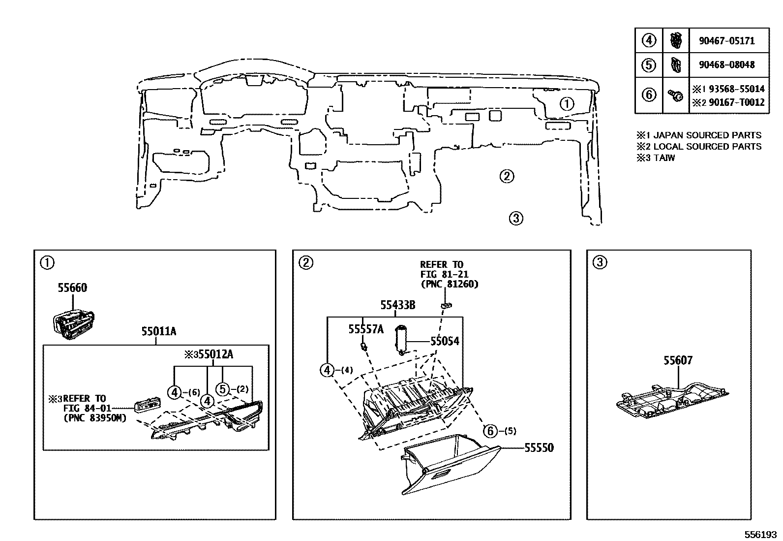Toyota COROLLA 仪表板和手套箱 EPC diagram — 556193