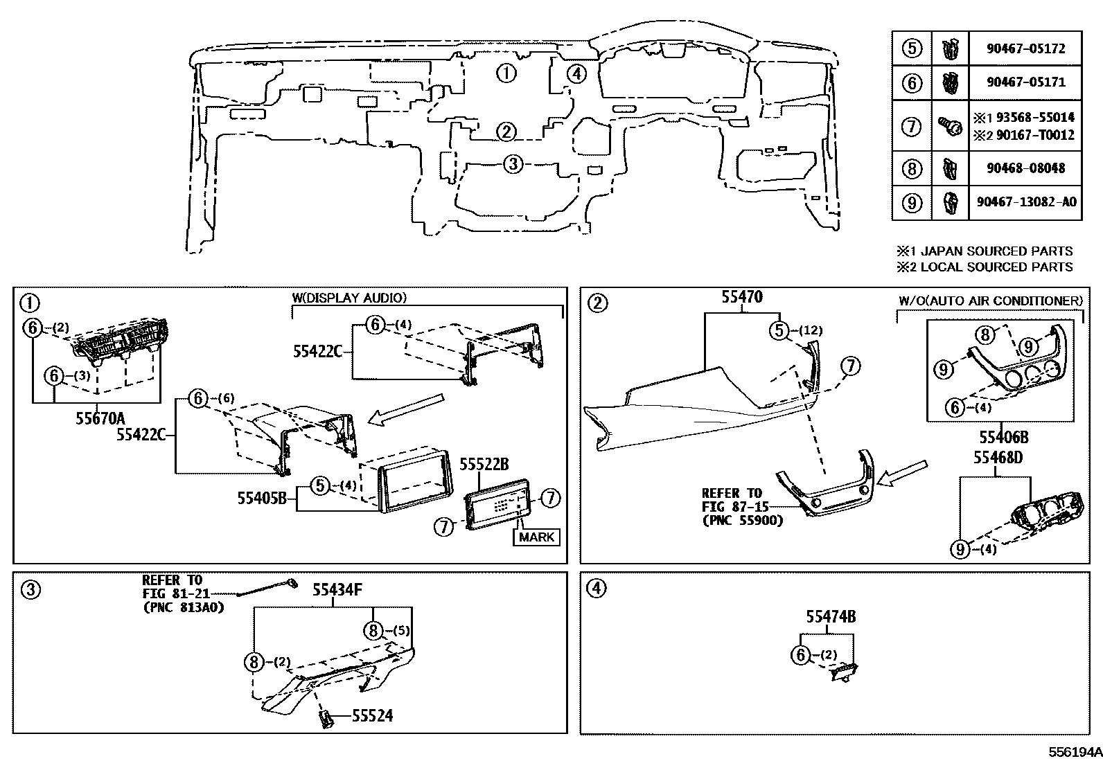 Toyota COROLLA 仪表板和手套箱 EPC diagram — 556194A