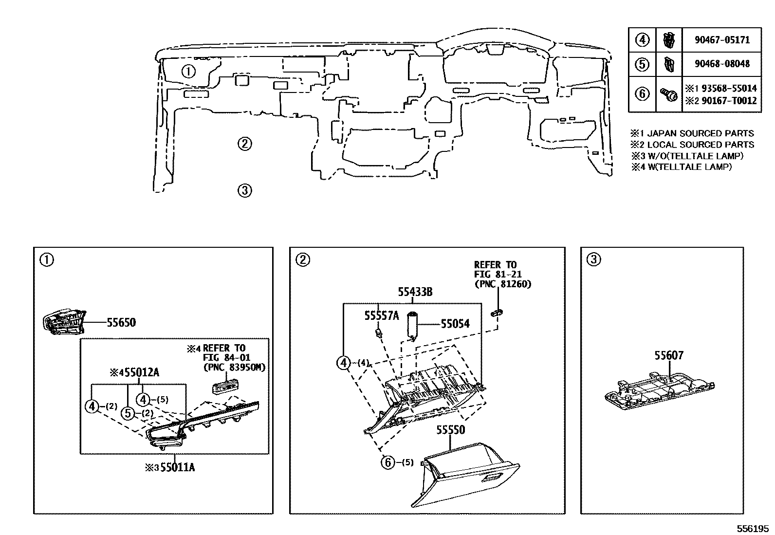 Toyota COROLLA 仪表板和手套箱 EPC diagram — 556195