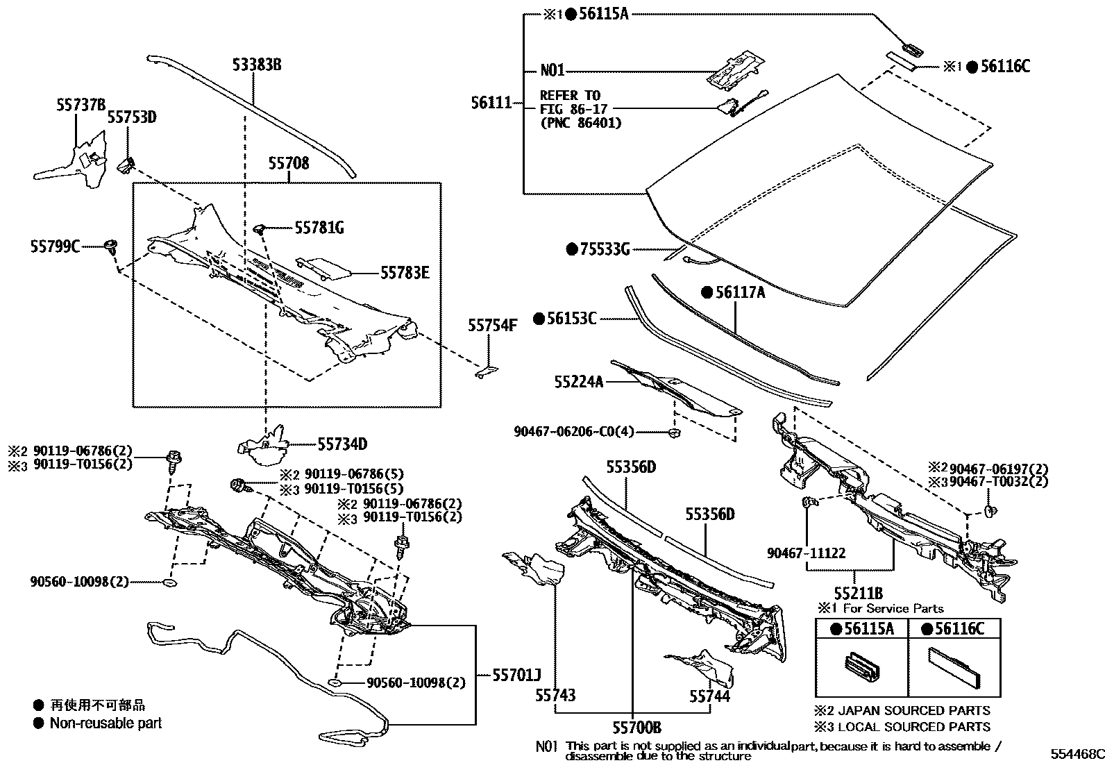 Toyota COROLLA 前围板和挡风玻璃 EPC diagram — 554468C