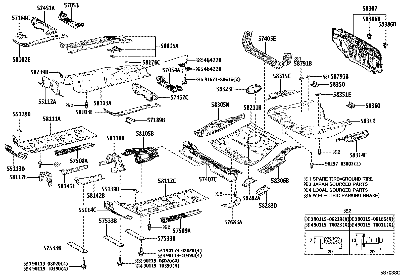 Toyota COROLLA 浅盘形地板和车身下背板 EPC diagram — 587038D