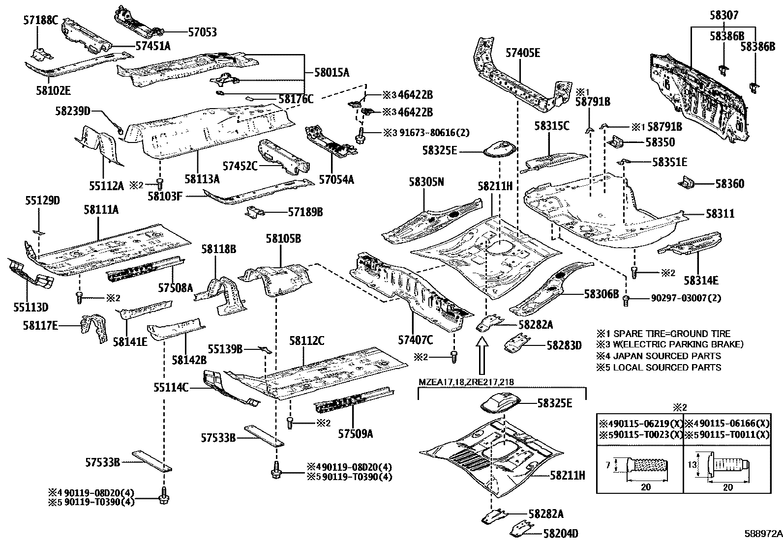 Toyota COROLLA 浅盘形地板和车身下背板 EPC diagram — 588972A