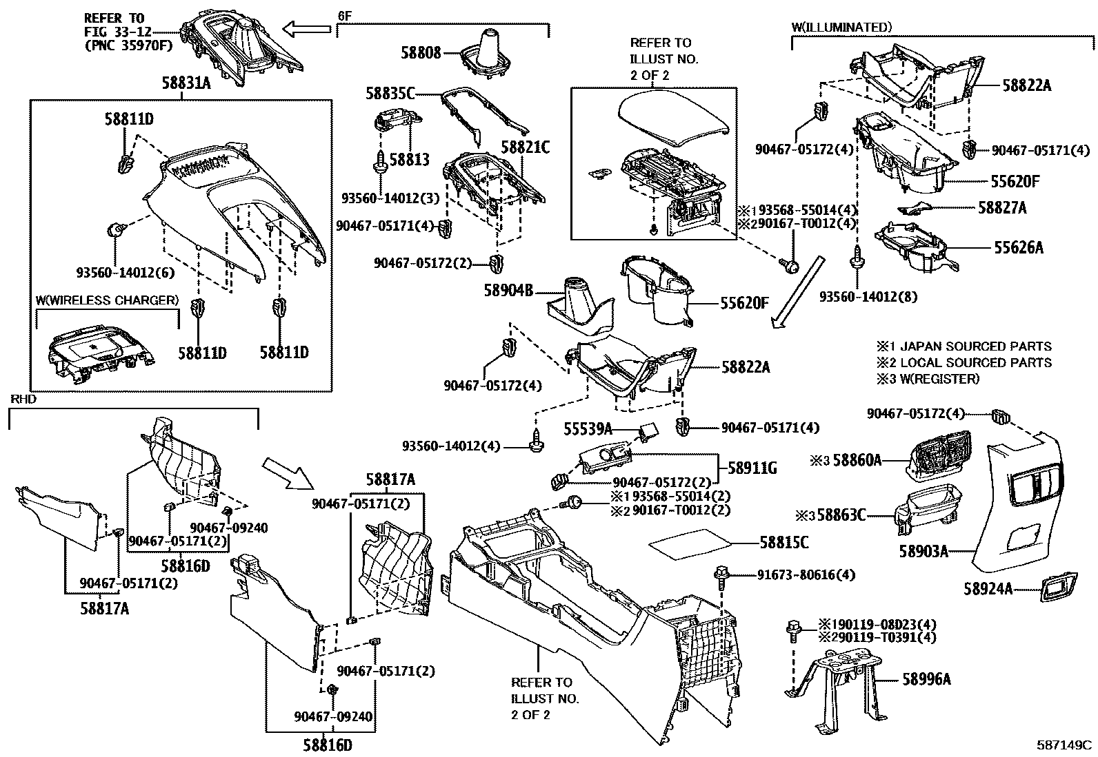 Toyota COROLLA 中央扶手箱和支架 EPC diagram — 587149C