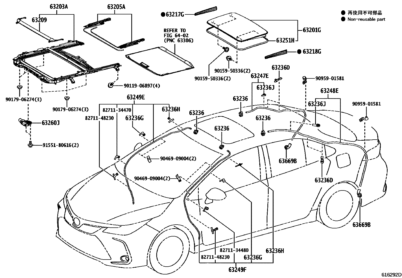 Toyota COROLLA 天窗板和背窗玻璃 EPC diagram — 616292D