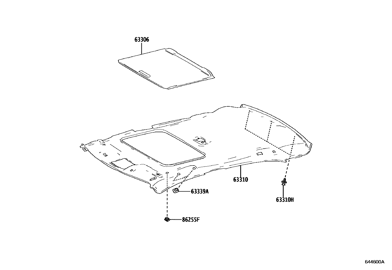 Toyota COROLLA 车顶内衬和消声垫 EPC diagram — 644600A