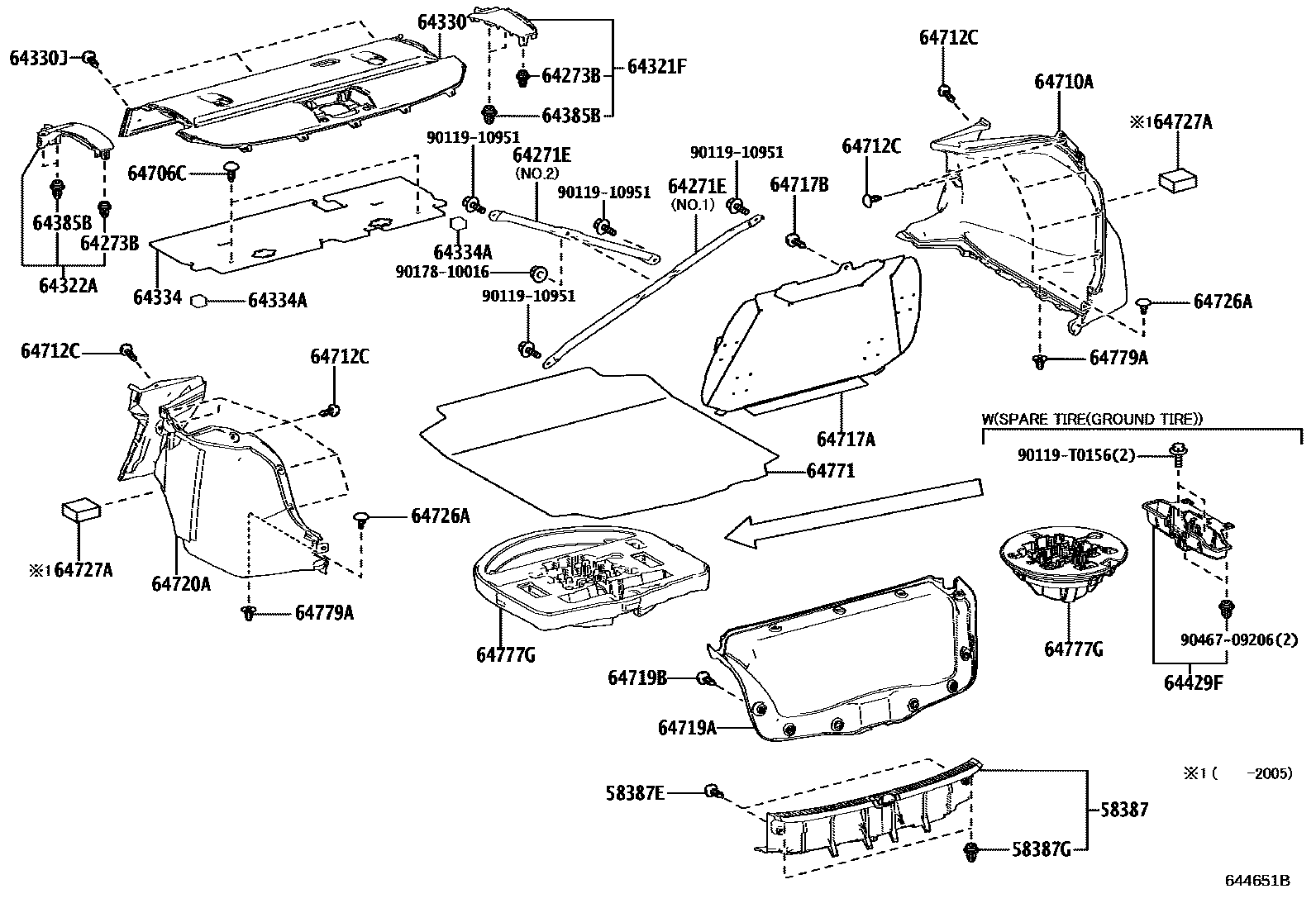 Toyota COROLLA 杂物箱板和行李箱垫 EPC diagram — 644651B