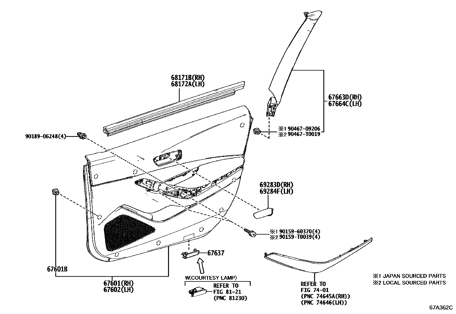 Toyota COROLLA 前门板和前门玻璃 EPC diagram — 67A362C