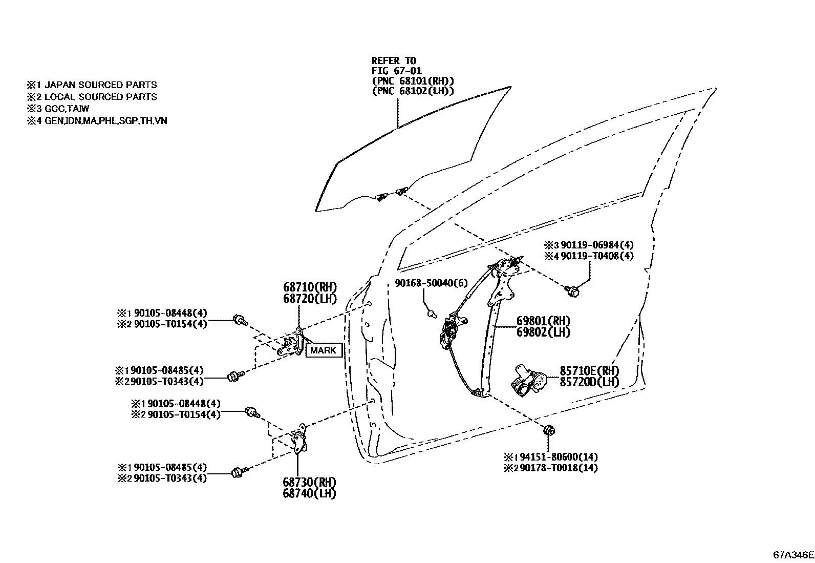 Toyota COROLLA 前门车窗升降器和合页 EPC diagram — 67A346E
