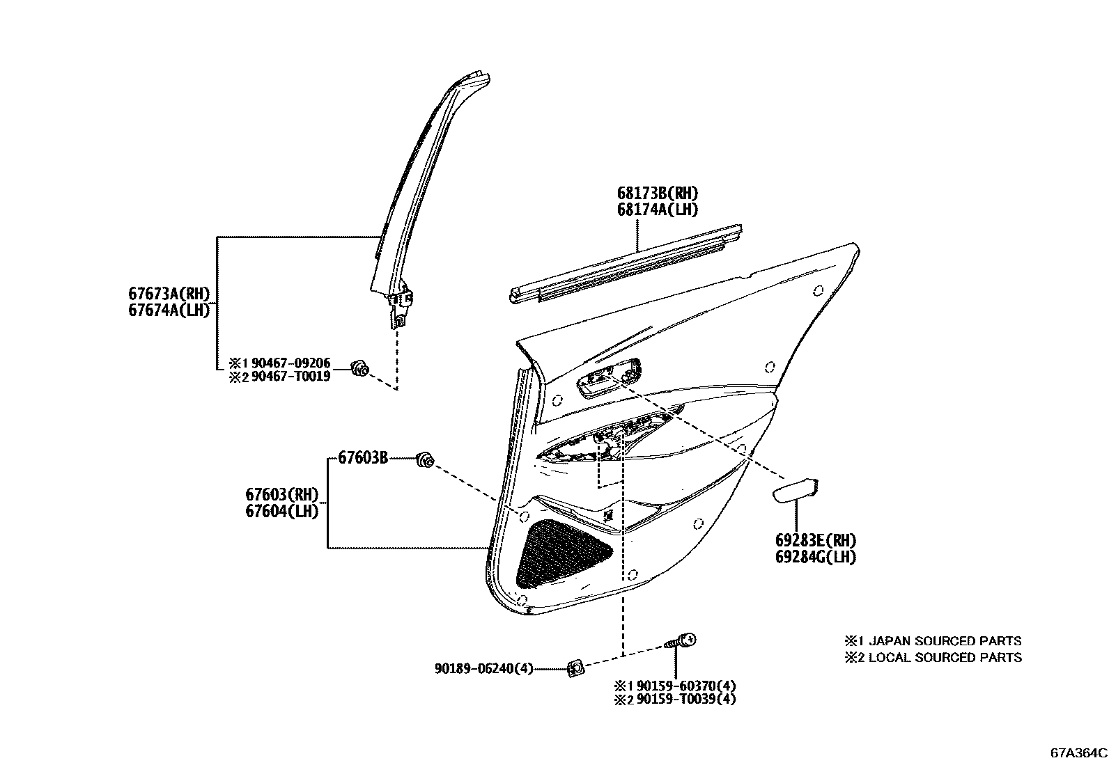 Toyota COROLLA 后门板和后门玻璃 EPC diagram — 67A364C