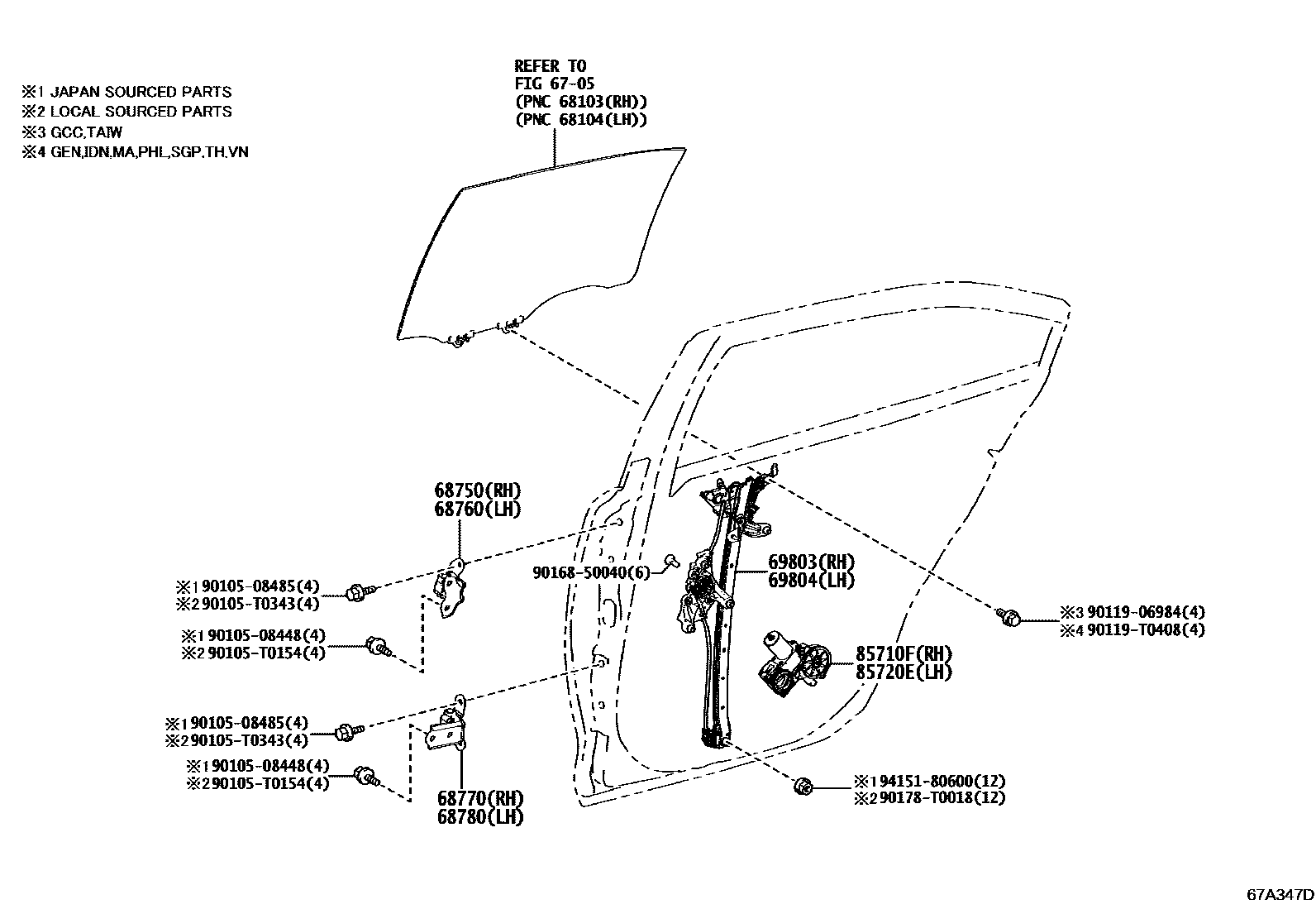 Toyota COROLLA 后门车窗升降器和合页 EPC diagram — 67A347D