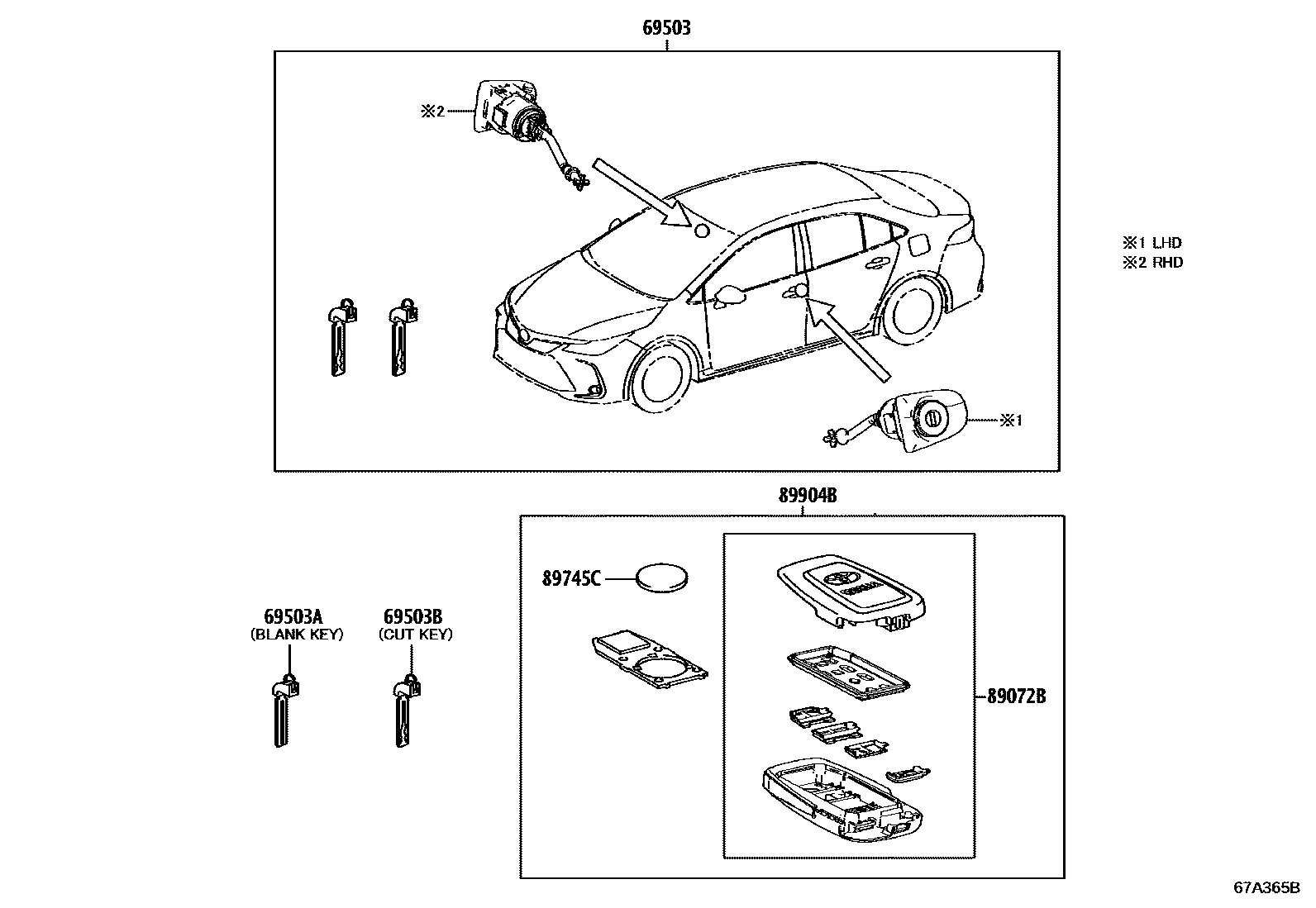 Toyota COROLLA 锁芯组件 EPC diagram — 67A365B