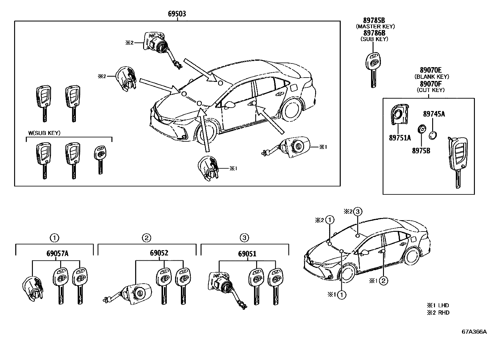 Toyota COROLLA 锁芯组件 EPC diagram — 67A366A