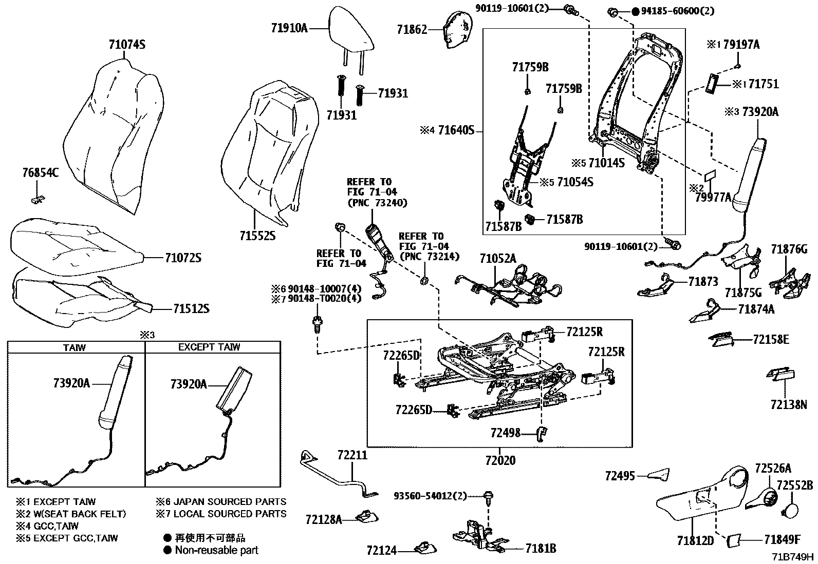 Toyota COROLLA 前排座椅和座椅滑轨 EPC diagram — 71B749H