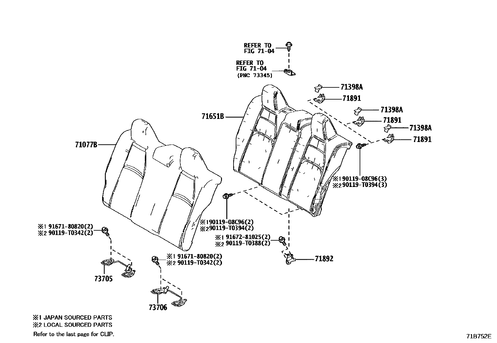 Toyota COROLLA 后排座椅和座椅滑轨 EPC diagram — 71B752E
