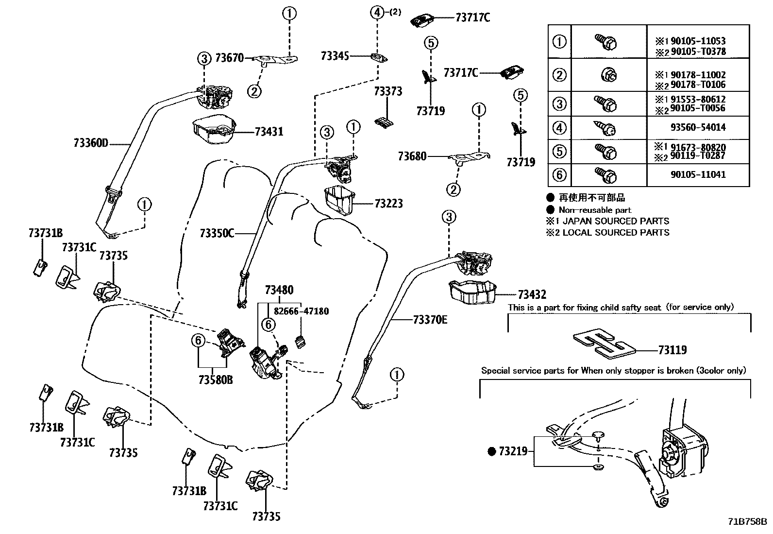 Toyota COROLLA 安全带和儿童保护座椅 EPC diagram — 71B758B
