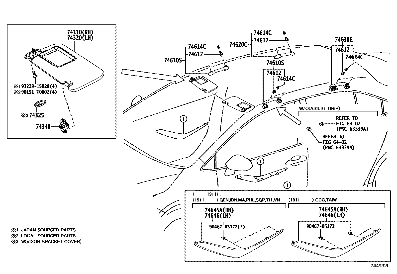 Toyota COROLLA 扶手和遮阳板 EPC diagram — 744932I