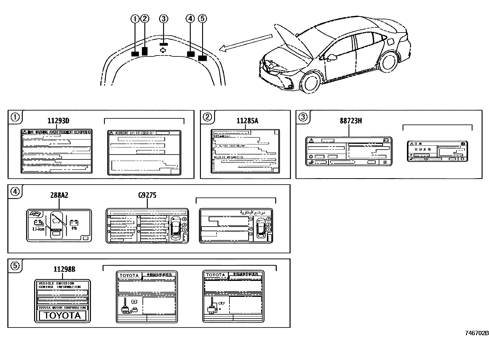 Toyota COROLLA 警示铭牌(车外和车内) EPC diagram — 746702B