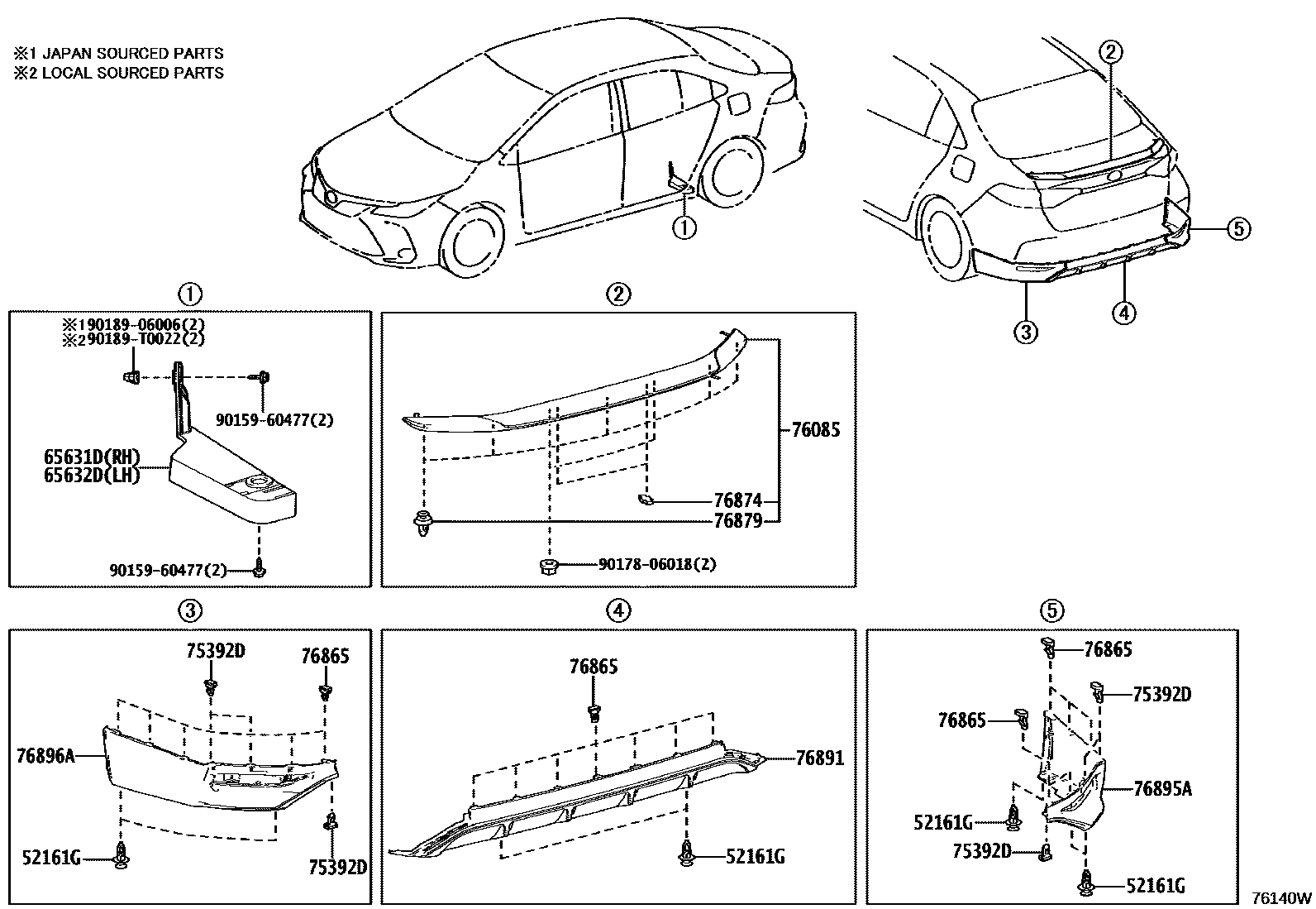 Toyota COROLLA 挡泥板和扰流板 EPC diagram — 76140W