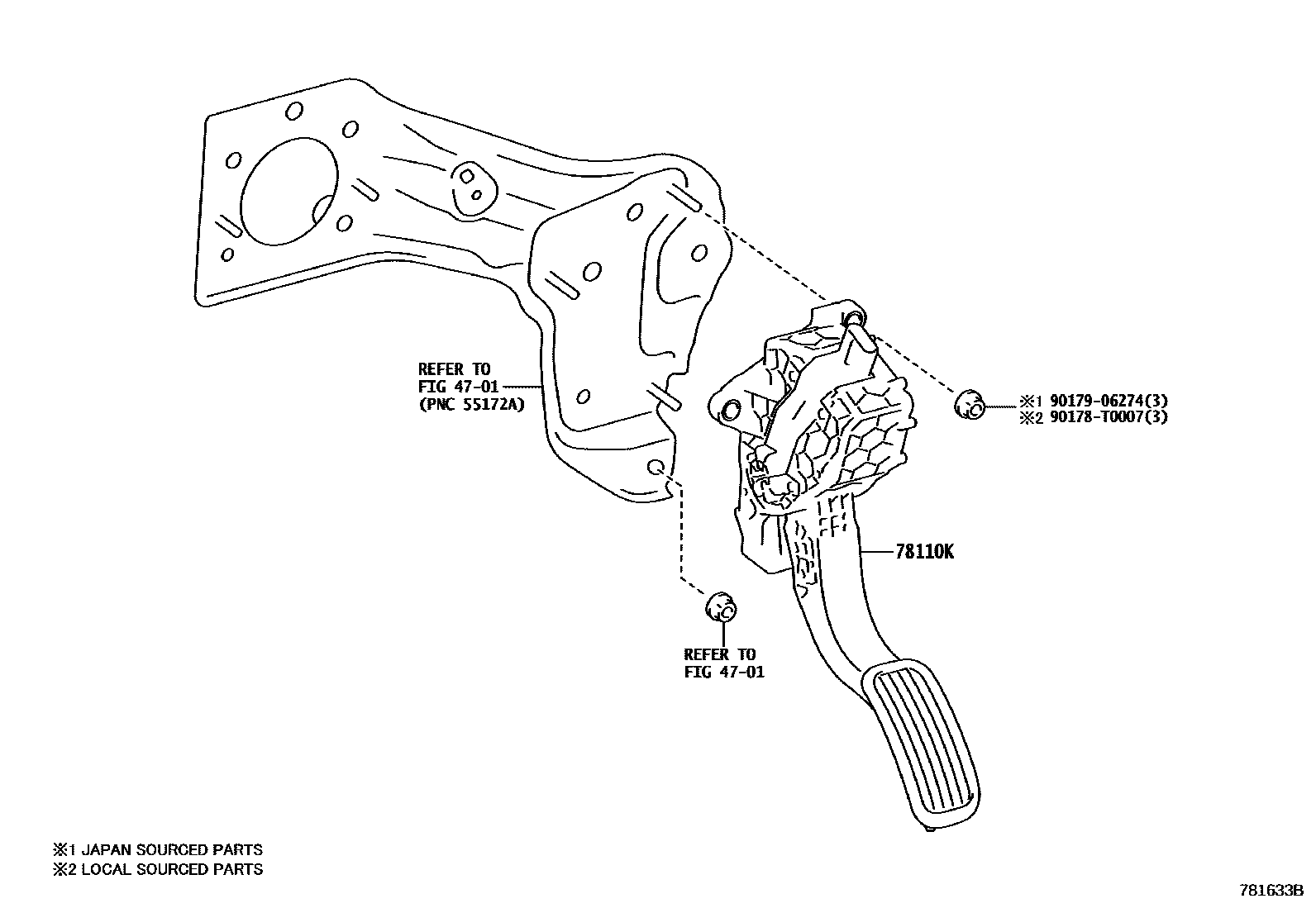 Toyota COROLLA accelerator pedal connecting rod EPC diagram — 781633B