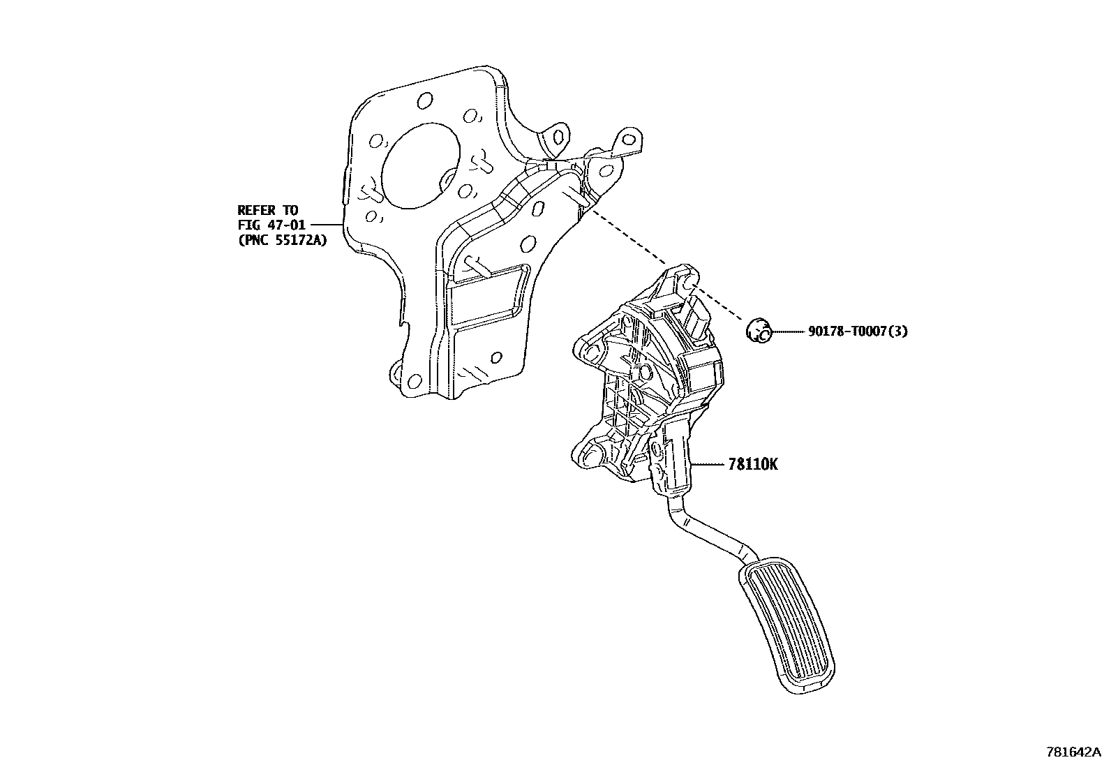 Toyota COROLLA accelerator pedal connecting rod EPC diagram — 781642A