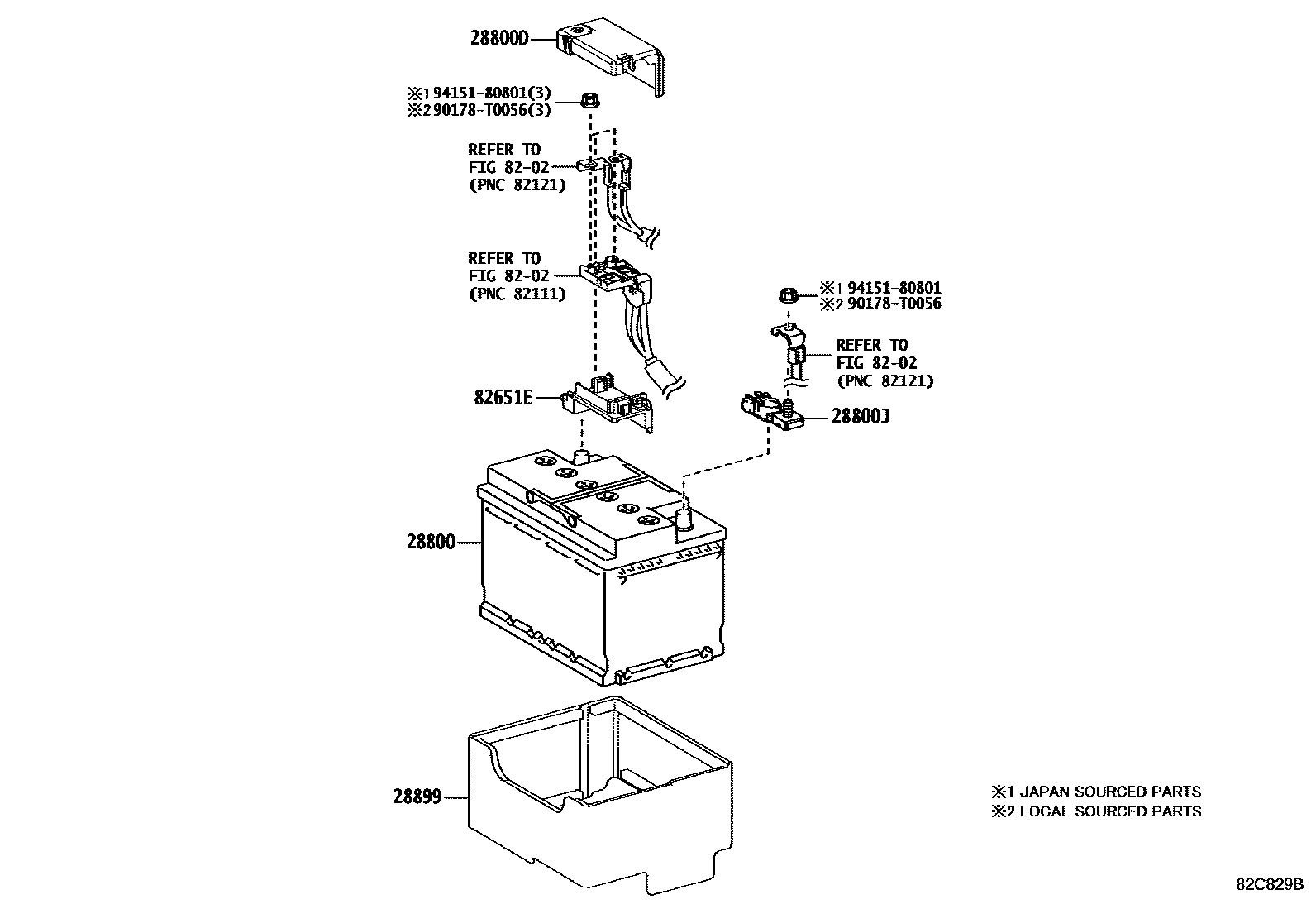 Toyota COROLLA 蓄电池和蓄电池电缆 EPC diagram — 82C829B