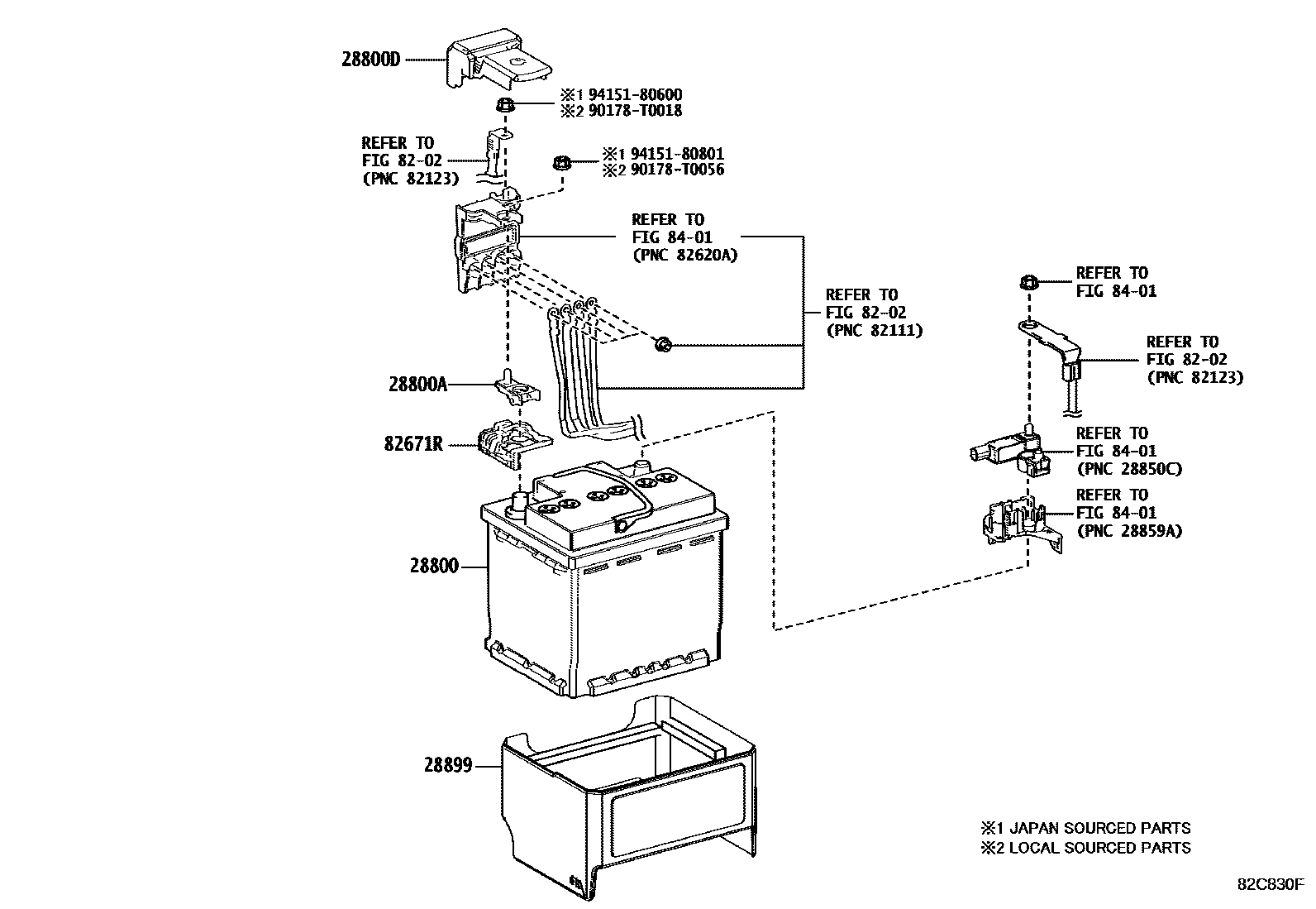 Toyota COROLLA 蓄电池和蓄电池电缆 EPC diagram — 82C830F