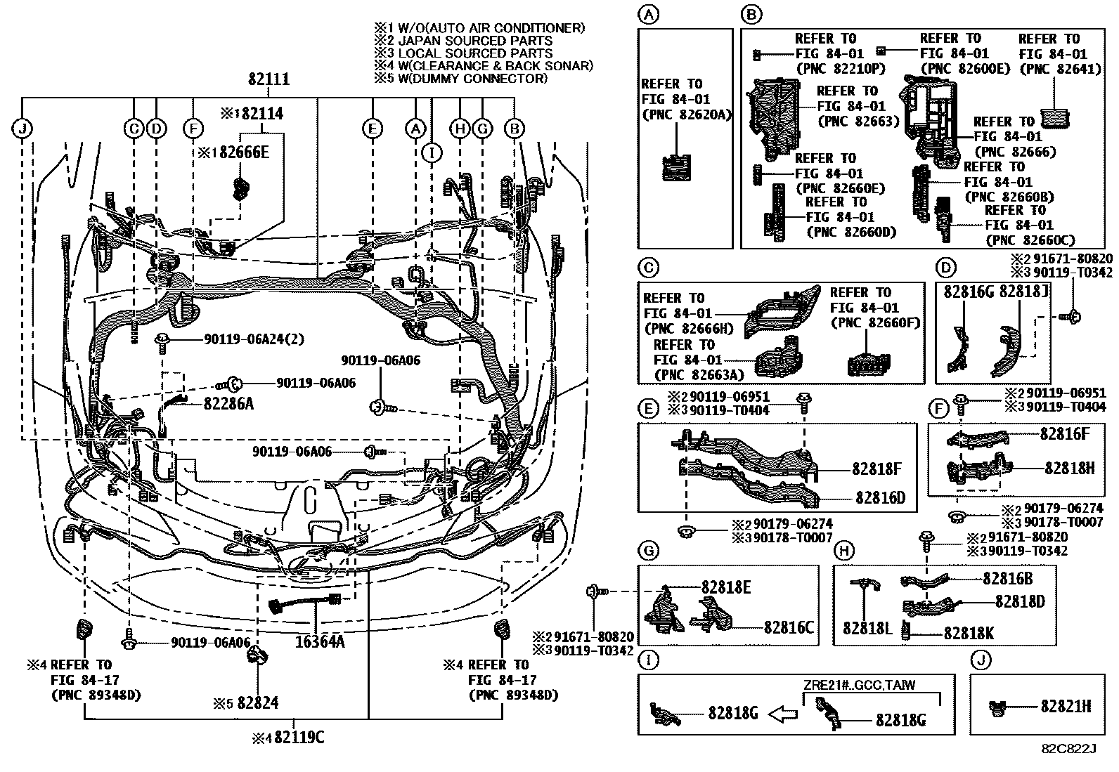 Toyota COROLLA 线束和卡夹 EPC diagram — 82C822J