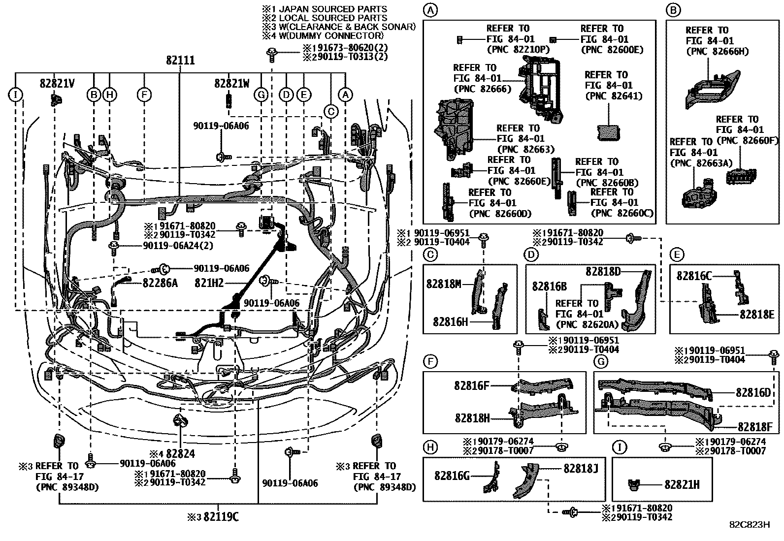 Toyota COROLLA 线束和卡夹 EPC diagram — 82C823H