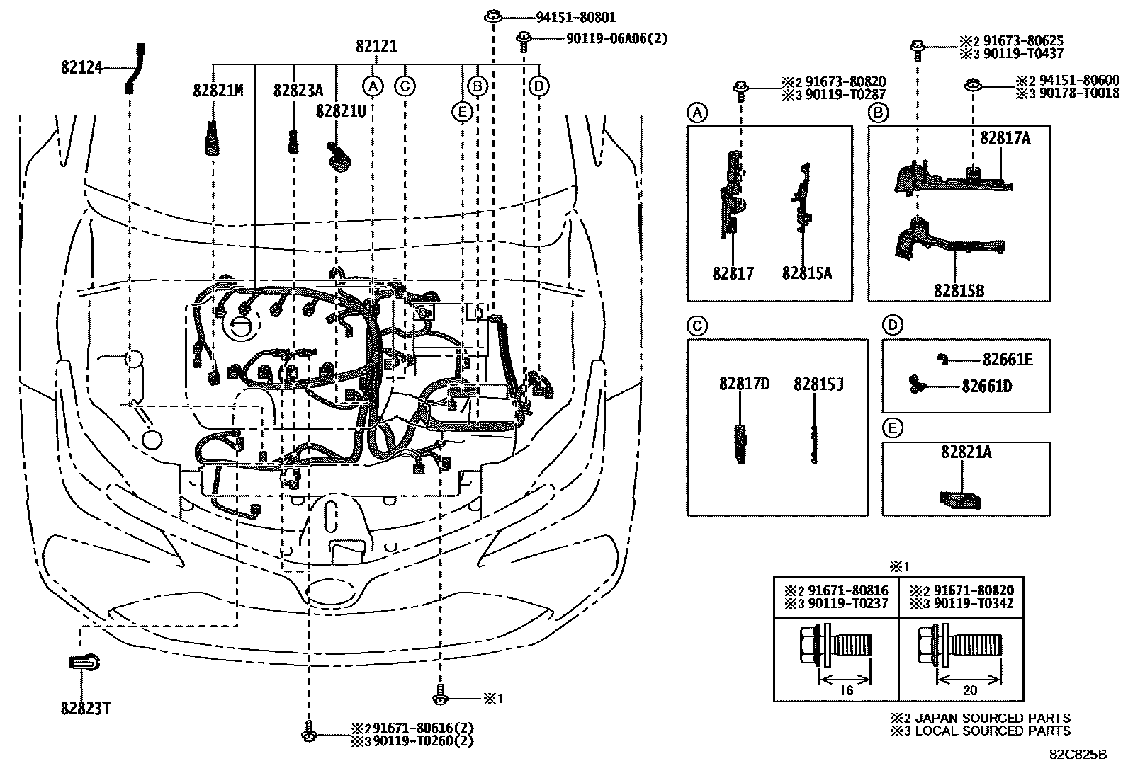Toyota COROLLA 线束和卡夹 EPC diagram — 82C825B