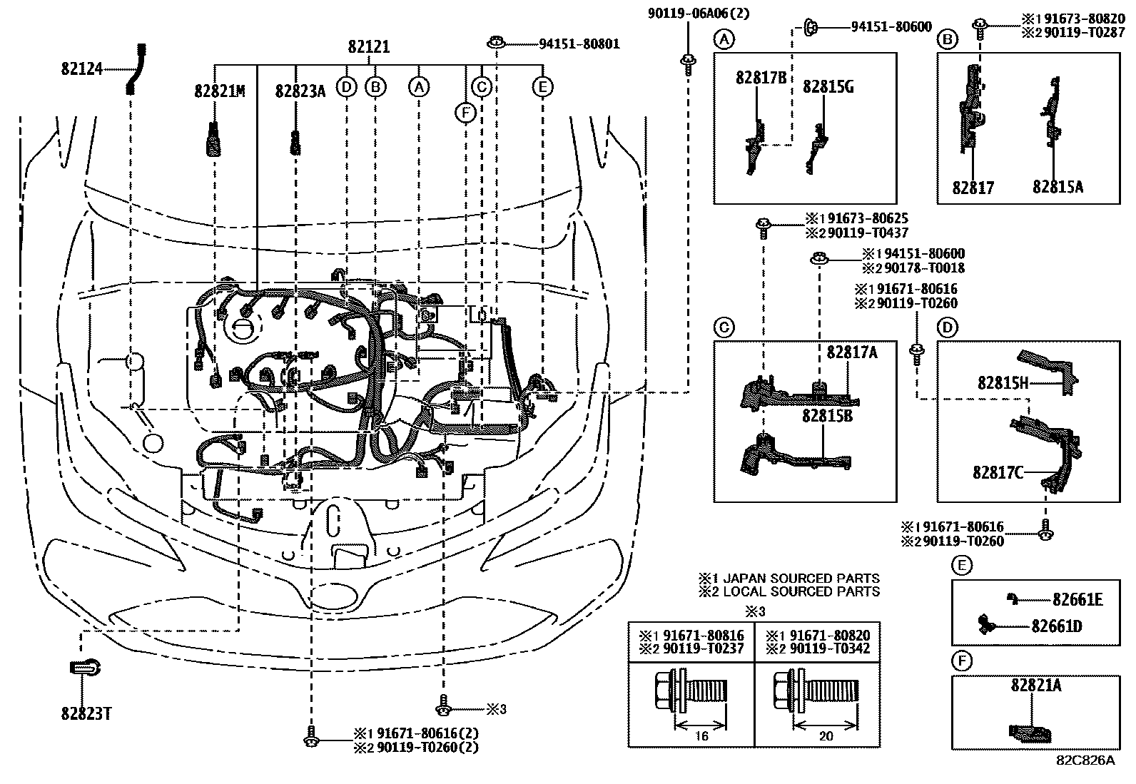 Toyota COROLLA 线束和卡夹 EPC diagram — 82C826A