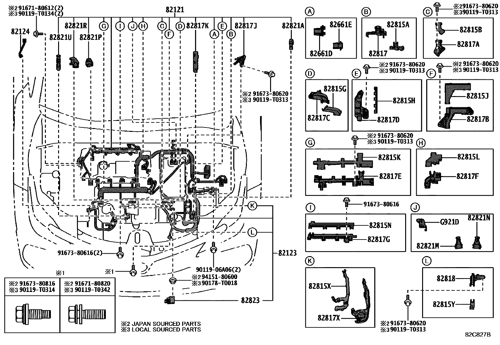 Toyota COROLLA 线束和卡夹 EPC diagram — 82C827B