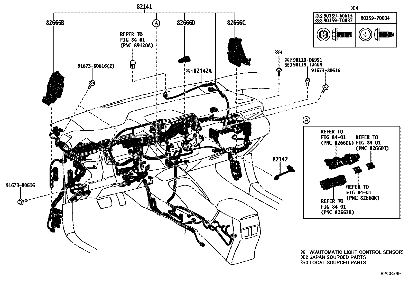 Toyota COROLLA 线束和卡夹 EPC diagram — 82C834F