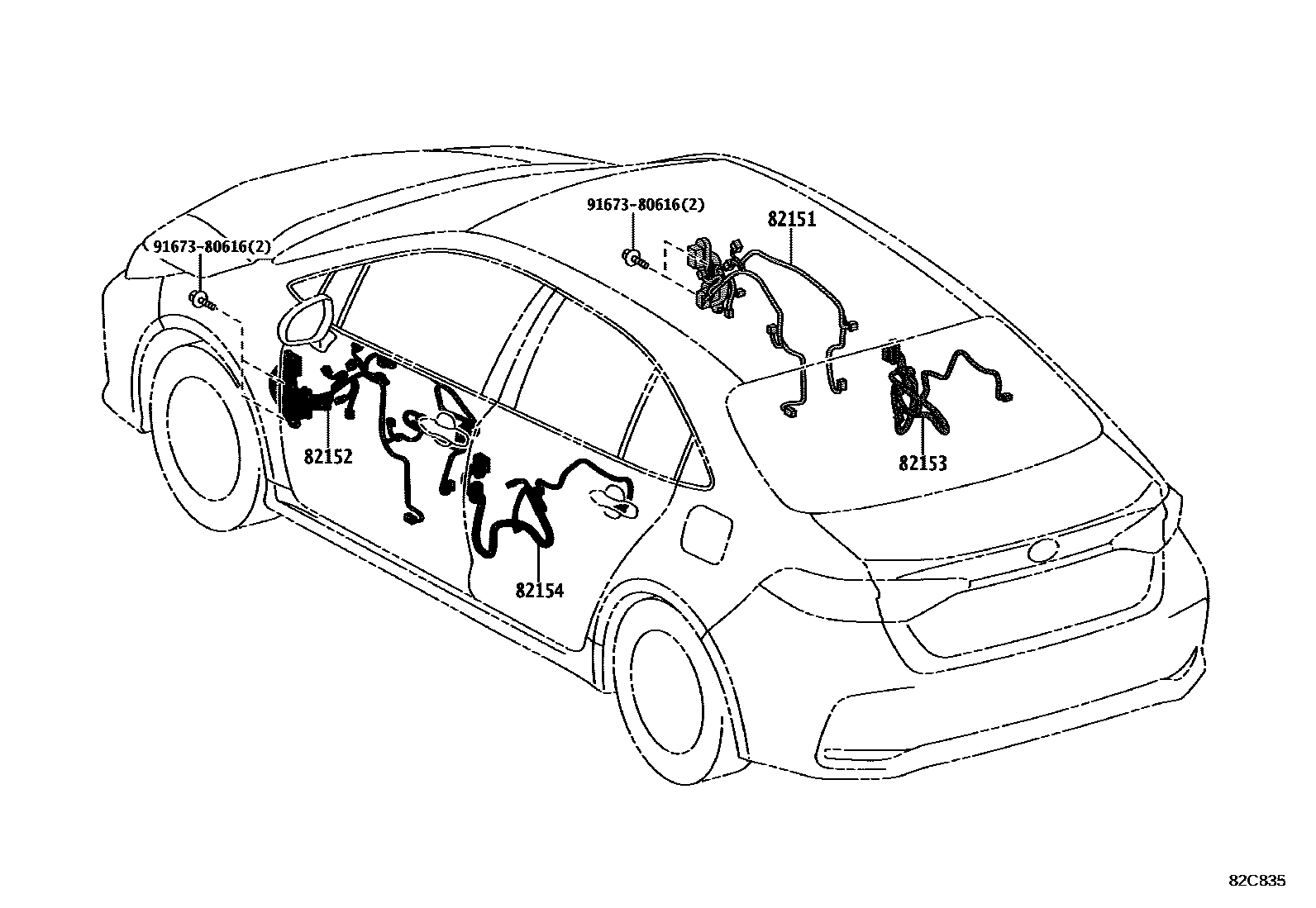 Toyota COROLLA 线束和卡夹 EPC diagram — 82C835