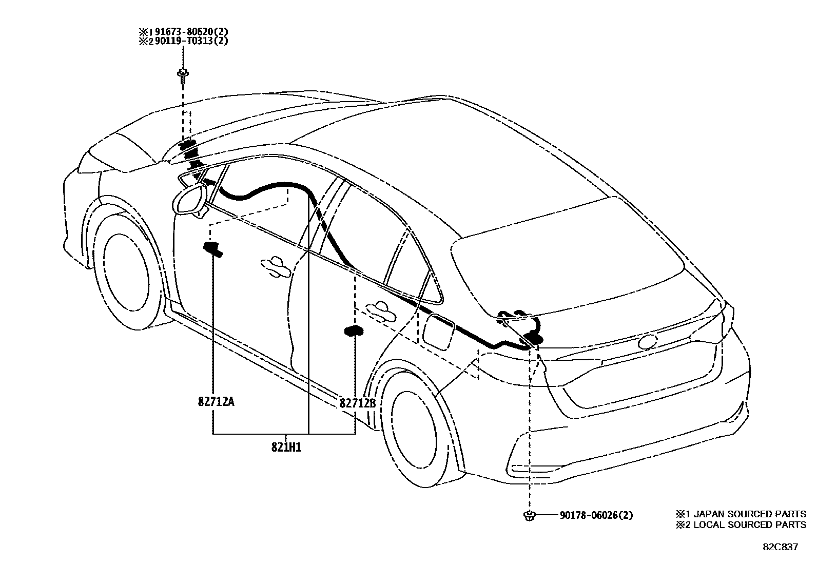 Toyota COROLLA 线束和卡夹 EPC diagram — 82C837