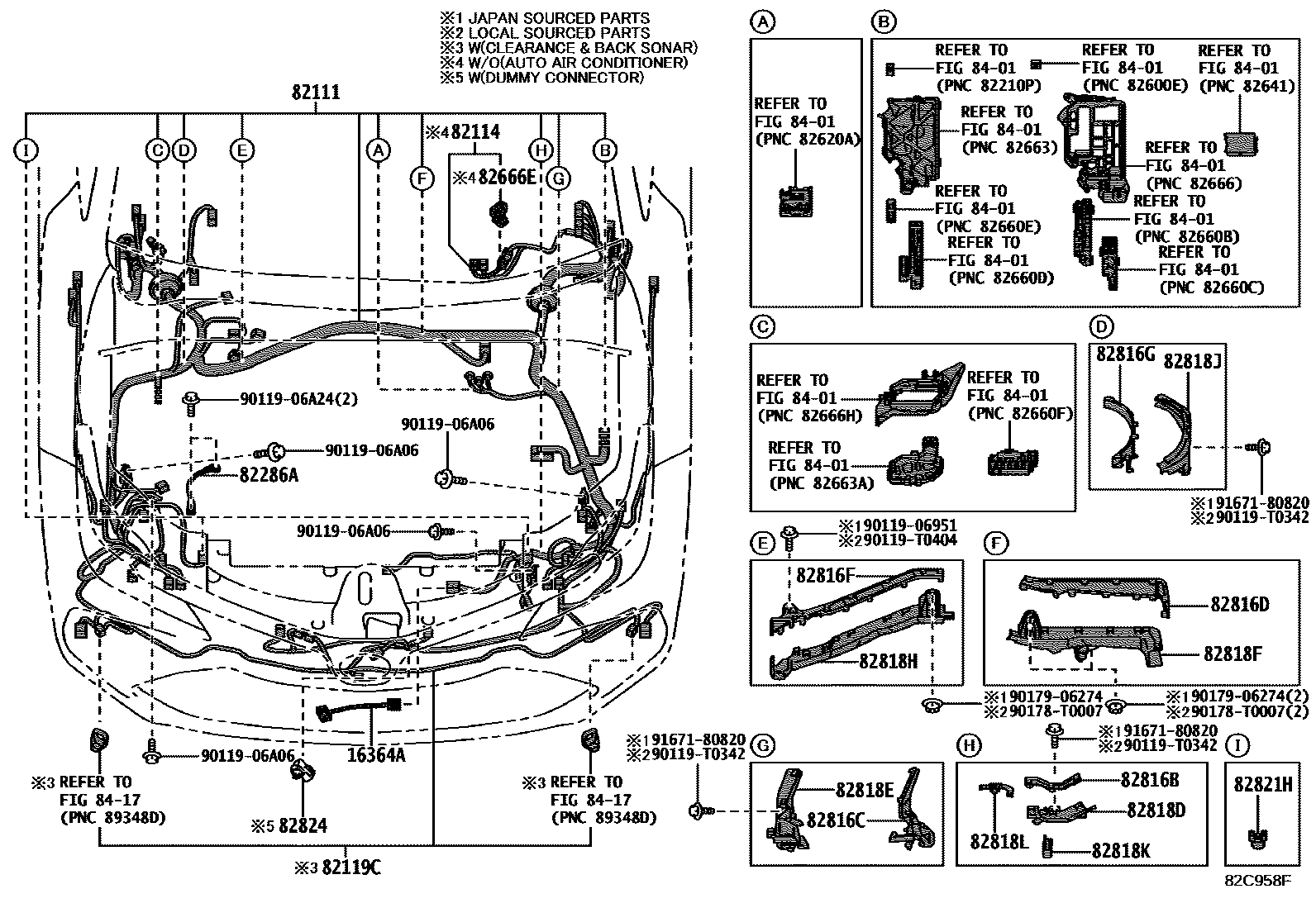 Toyota COROLLA 线束和卡夹 EPC diagram — 82C958F