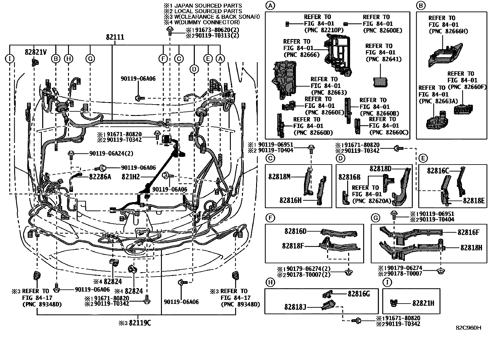 Toyota COROLLA 线束和卡夹 EPC diagram — 82C960H