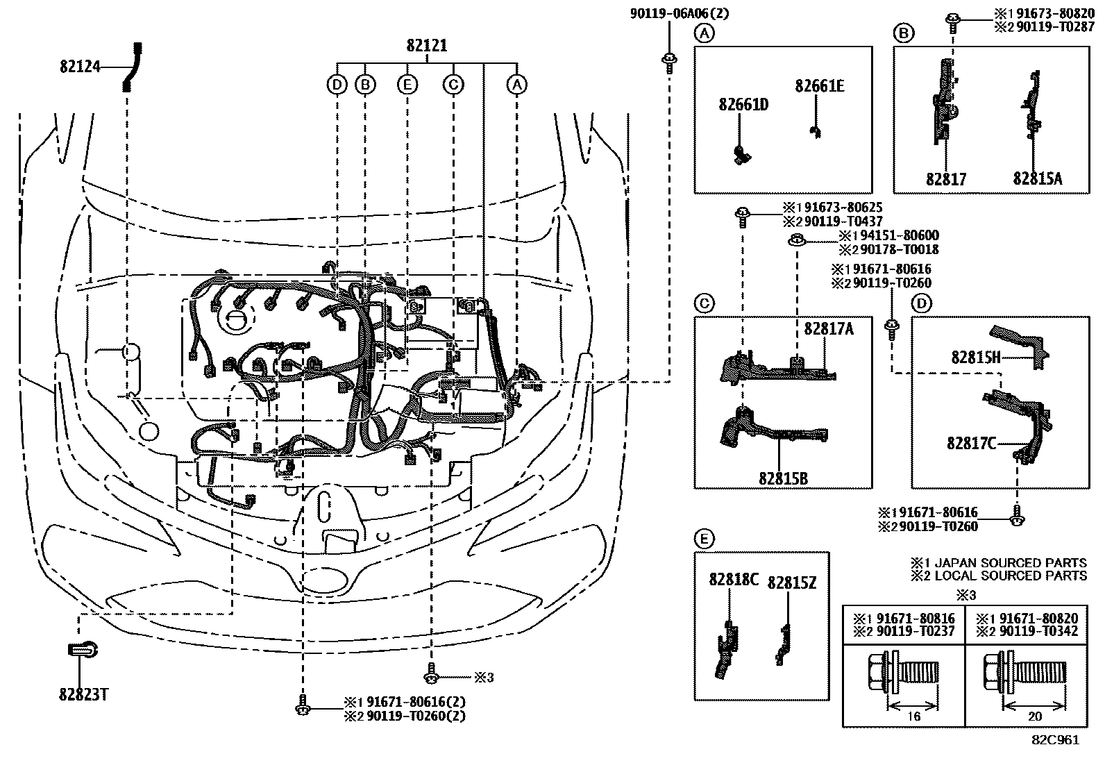 Toyota COROLLA 线束和卡夹 EPC diagram — 82C961